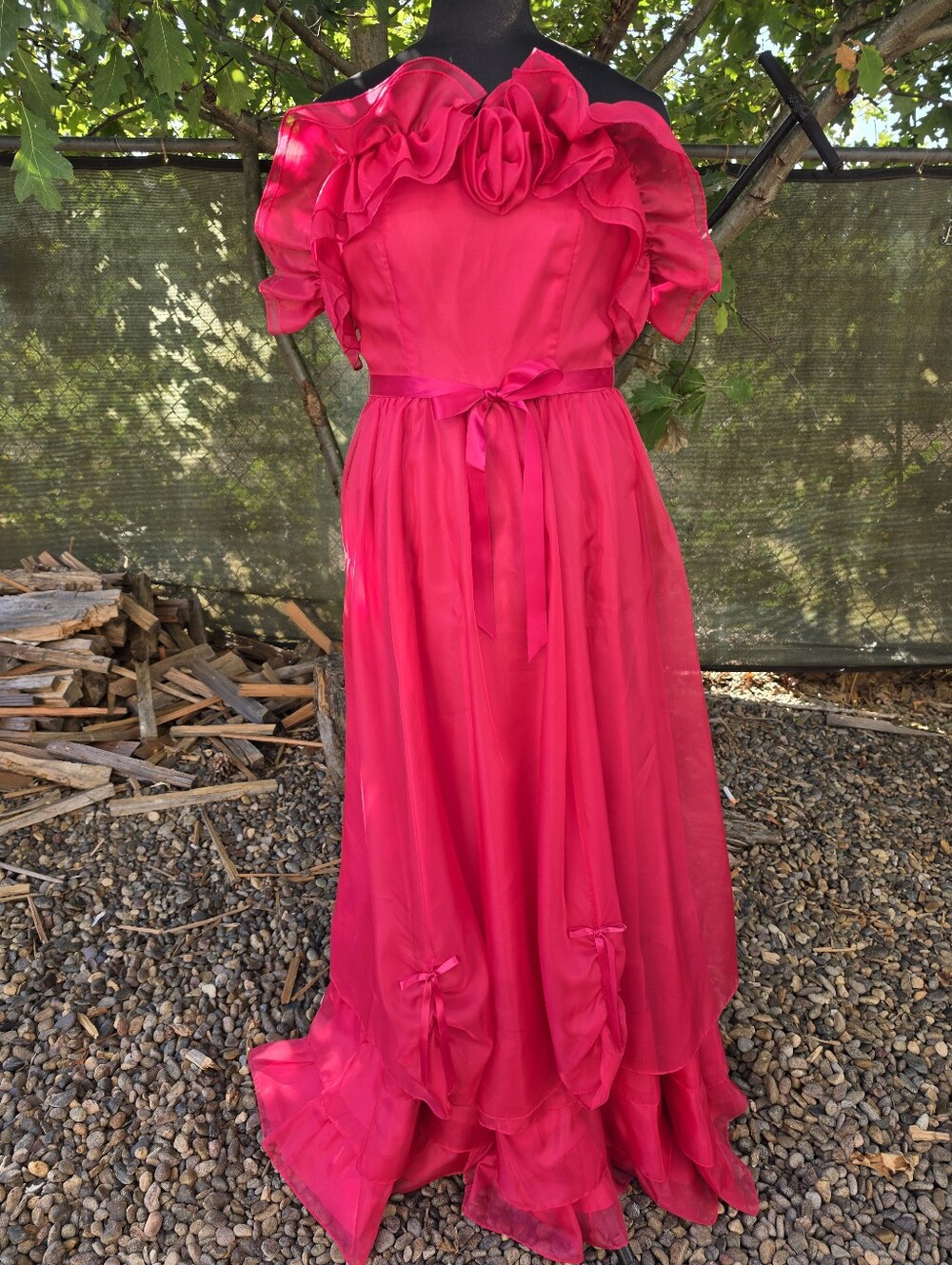 Vtg 70s 80s Pink Chiffon Gown Ruffle Prairie Southern Belle Maxi Dress Western